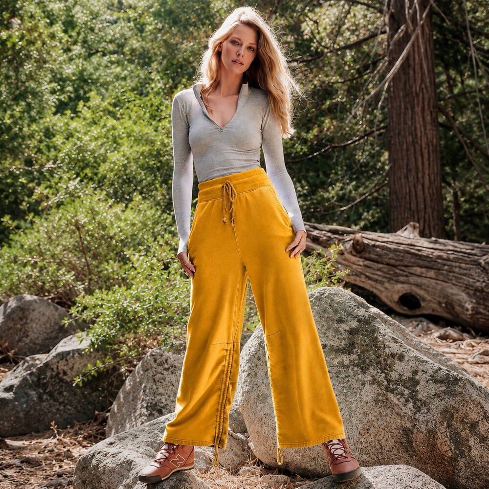 Free People FP Movement In A Cinch Wide Leg Sweatpants Mustard Boho Lounge S